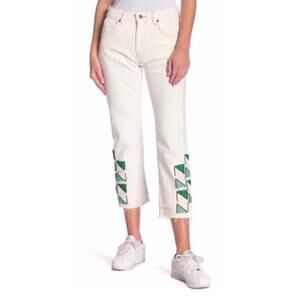 LEVI'S Made Created Mid-Rise Slim Crop Straight Leg Hand Beaded Raw Hem Size 28